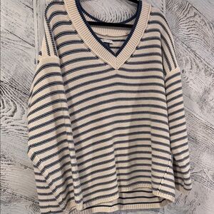 American Eagle Outfitters Navy and Cream V-Neck Sweater